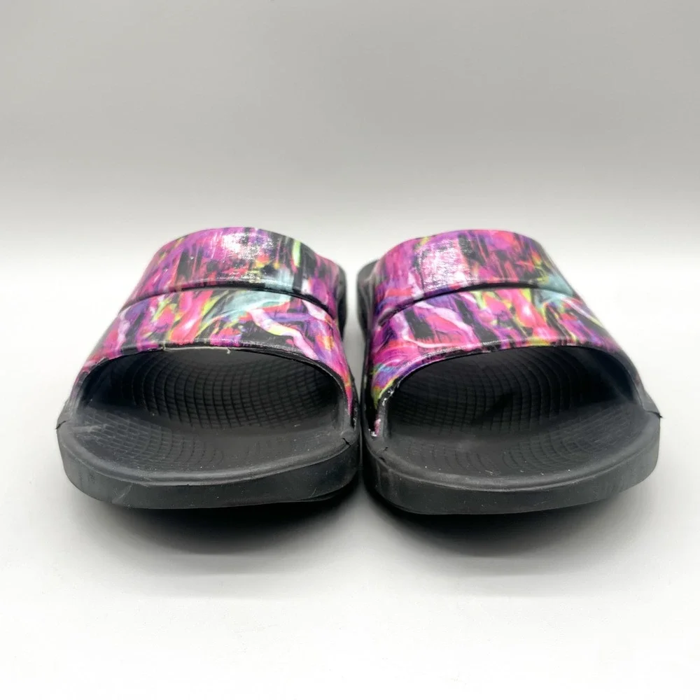OOFOS Womens 9 OOahh Sport Recovery Slide Sandals Black Pink Nebula Yoga Comfort